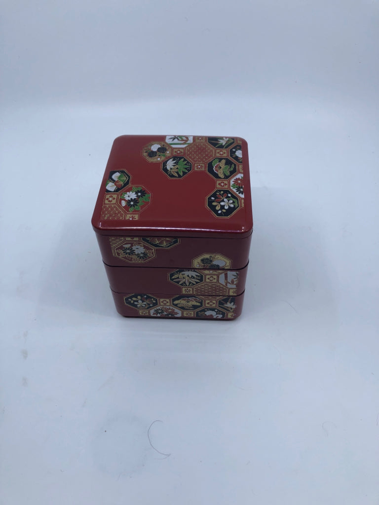 3 RED ASIAN STYLE STACKING BOXES W LID.