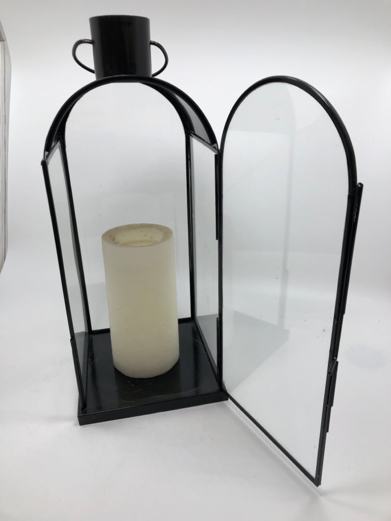 BLACK METAL LANTERN W/CANDLE.
