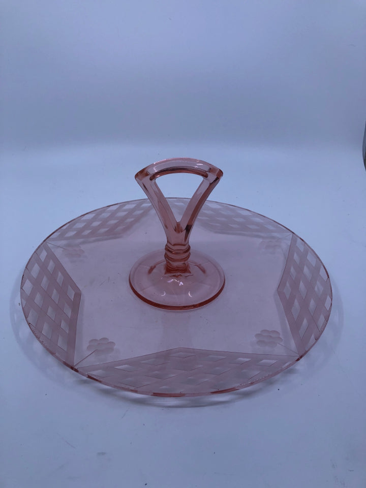 VTG PINK DEPRESSION GLASS ETCHED SERVER W CENTER HANDLE.