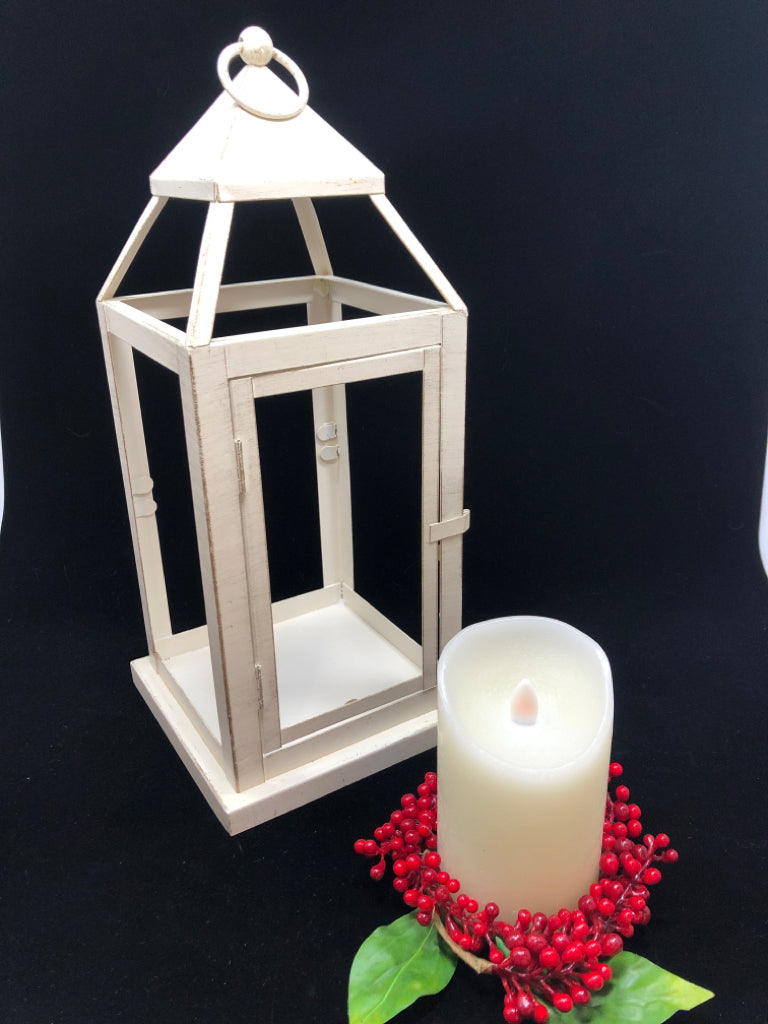 WHITE METAL LED CANDLE LANTERN W/RED BERRIES.