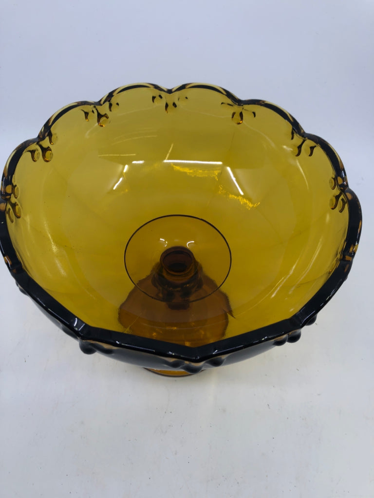VTG LARGE AMBER GLASS CANDY DISH.
