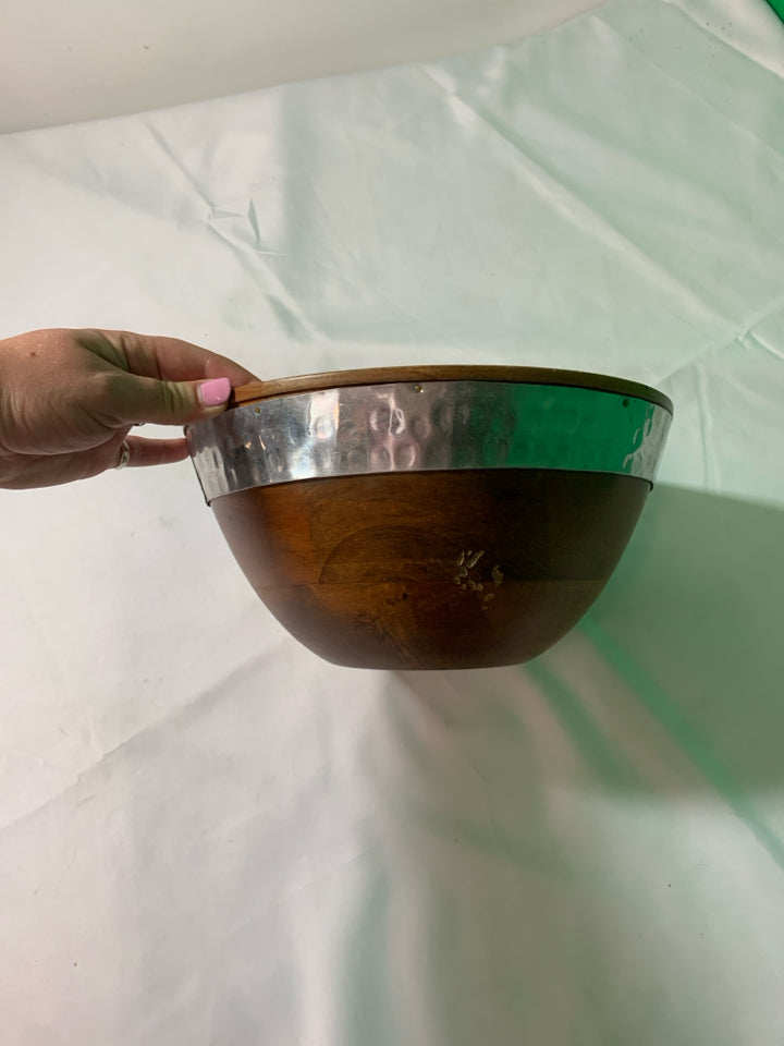 WOOD BOWL W/ METAL BAND AROUND.