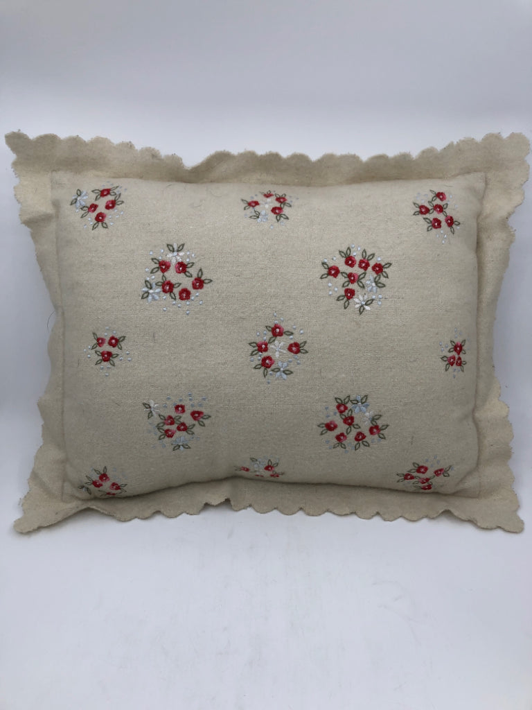 CREAM PILLOW W/ EMBROIDERED RED ROSES W/ SCALLOP TRIM GRACE DESIGNS.