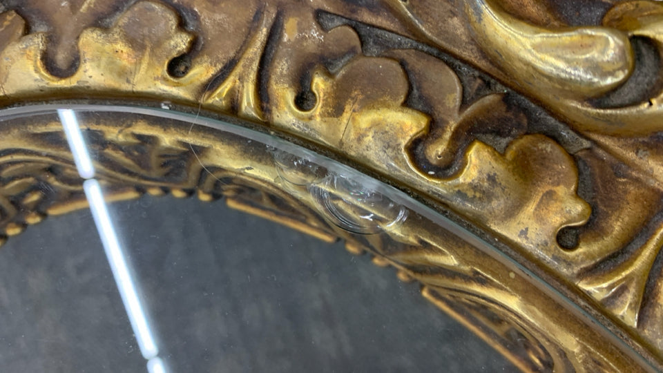 ORNATE GOLD COFFEE TABLE W/GLASS CENTER.
