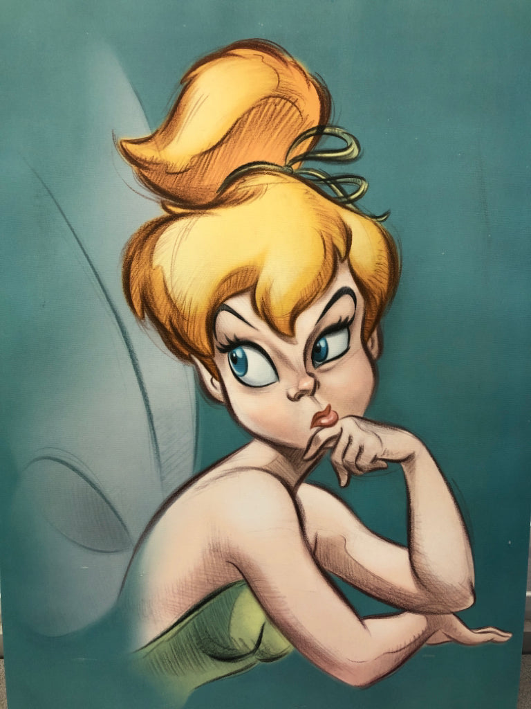 TINKERBELL AIR-BRUSH DESIGN ON BLUE CANVAS.