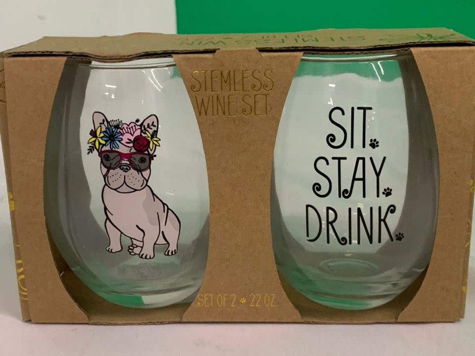 NIB STEMLESS WINE GLASS SET.