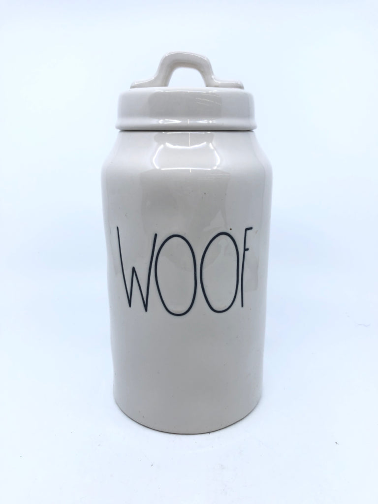 RAE DUNN WOOF CANISTER.