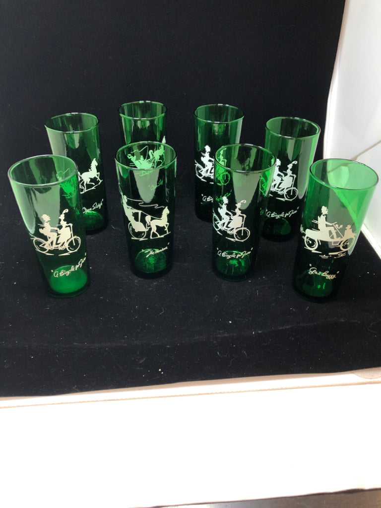 8 VTG "GAY NINETIES" FOREST GREEN TUMBLERS.