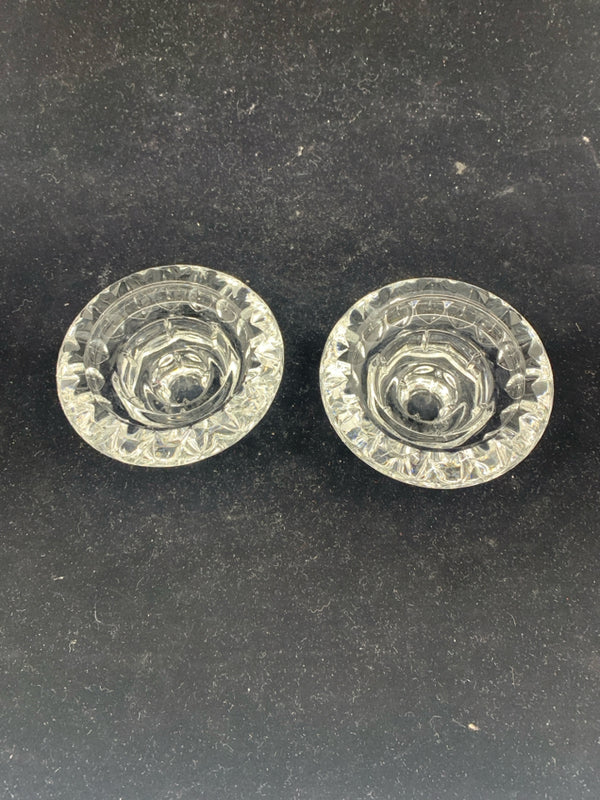 2 SHORT GLASS TAPERED CANDLE HOLDERS MADE IN FRANCE.