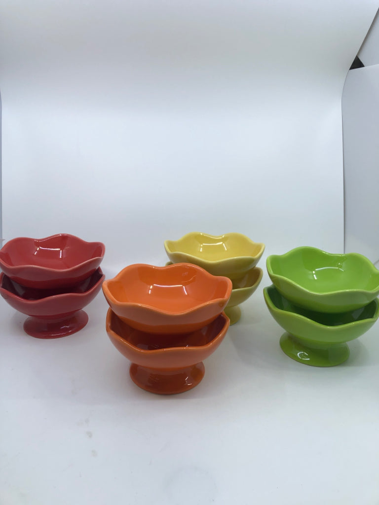 8 FOOTED FRUIT BOWLS MULTI COLORS.