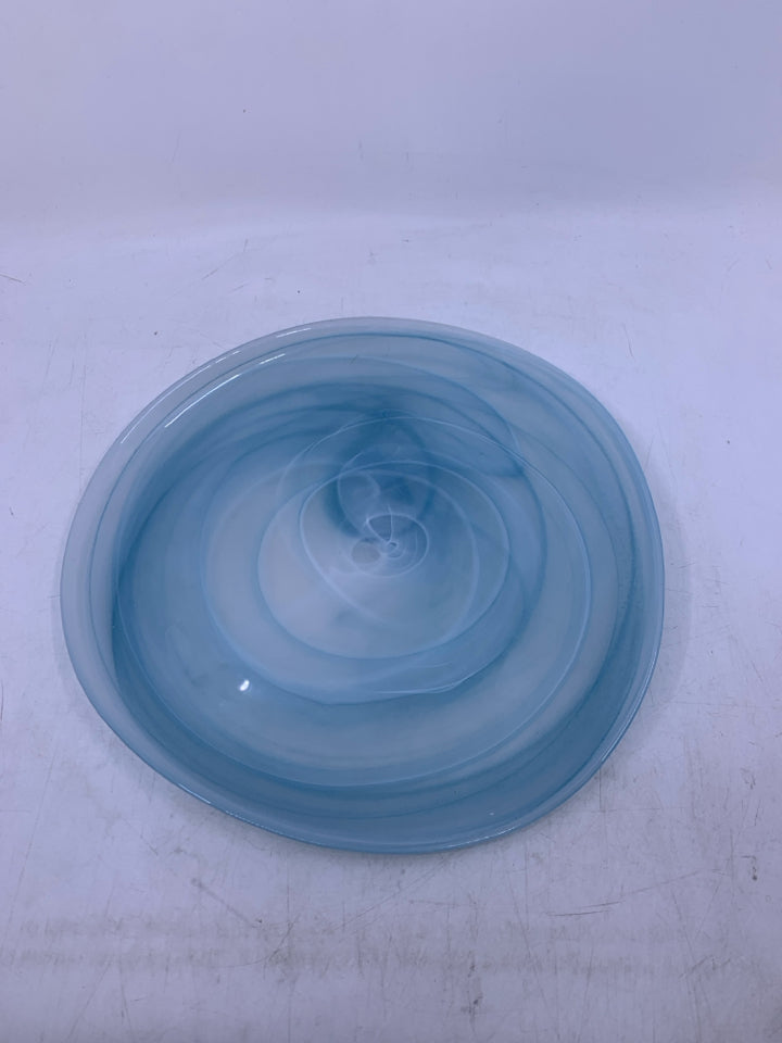 LIGHT BLUE GLASS PLATTER W/ WHITE SWIRLS.
