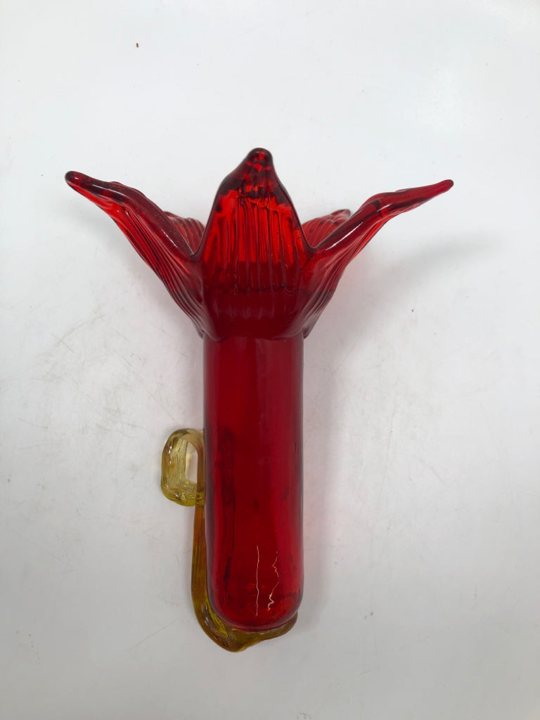 RED GLASS HANGING FLOWER VASE.