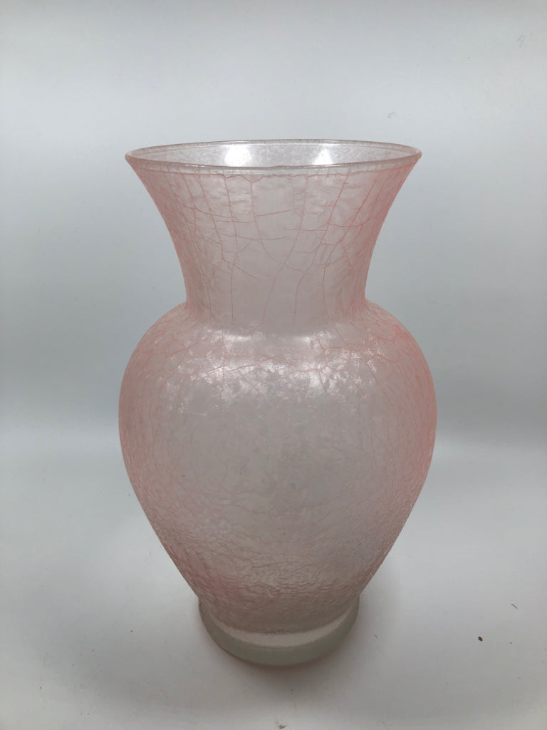 PINK CRACKLE GLASS VASE.