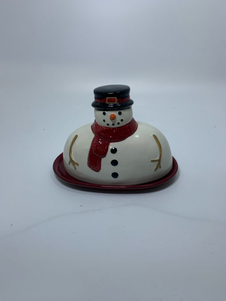 SNOWMAN CERAMIC BUTTER DISH ST NICHOLAS.
