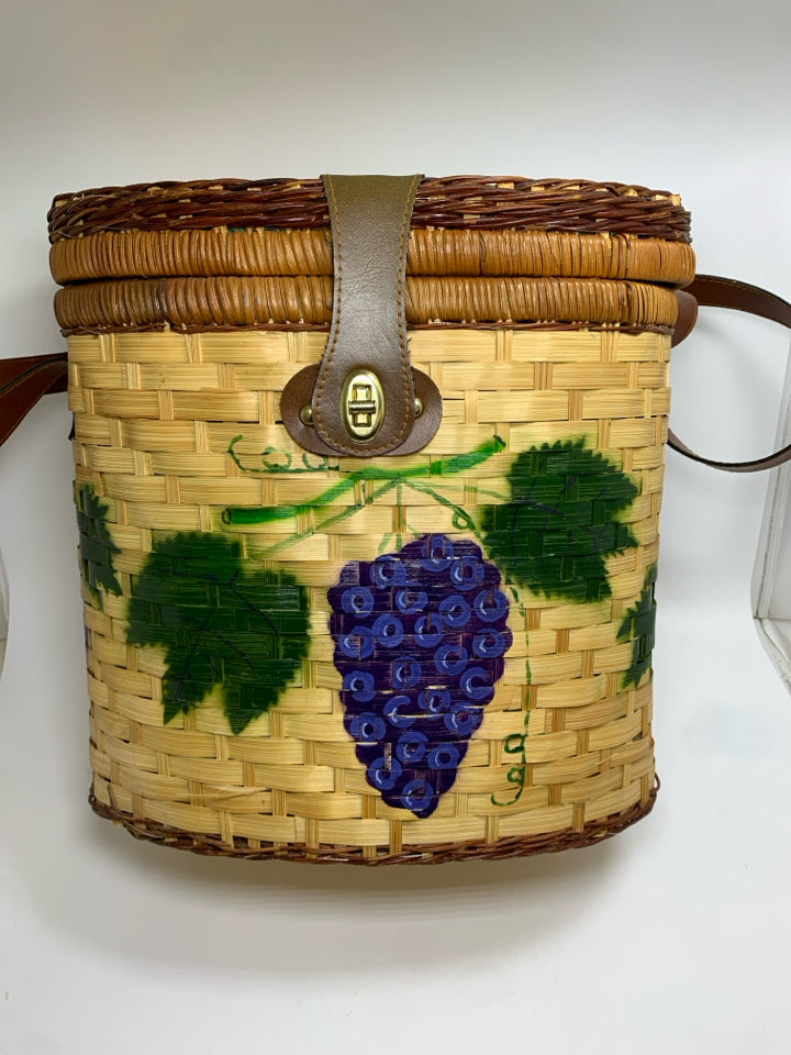 GRAPE PAINTED WICKER PICNIC BASKET W/2 PLASTIC CUPS & BOTTLE OPENER.