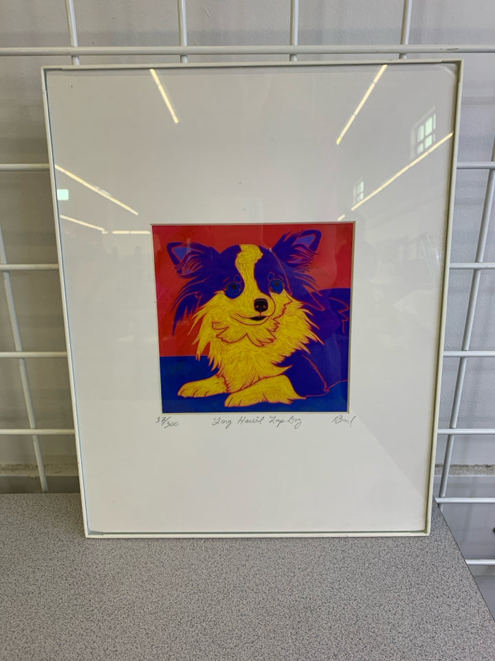 LONG HAIRED LAP DOG PAINTING - SIGNED IN WHITE FRAME.