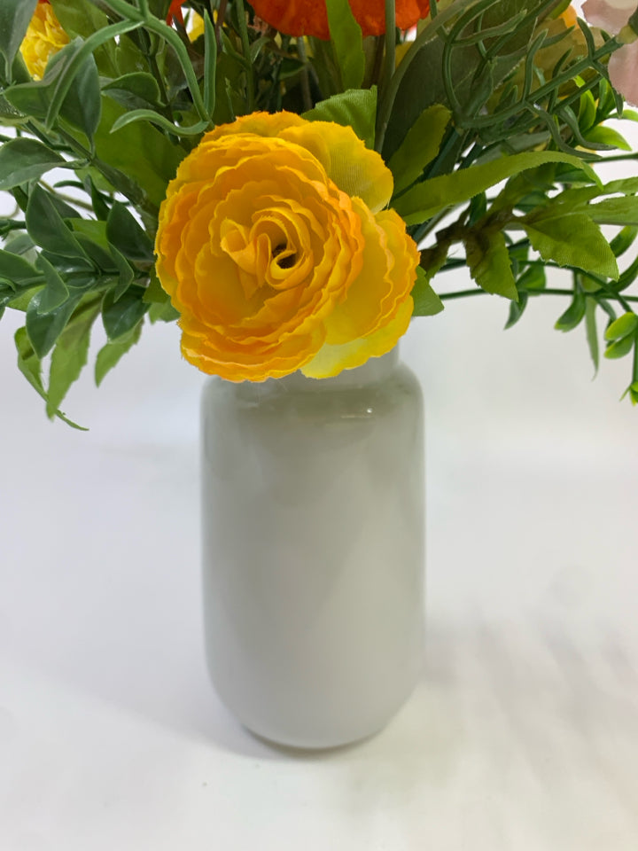 ORANGE & YELLOW FLORALS IN CERAMIC VASE.