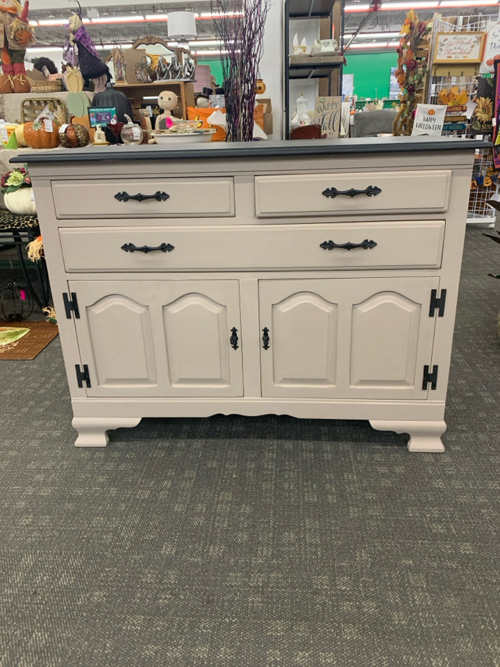 GREY W BLACK TOP BUFFET CABINET.