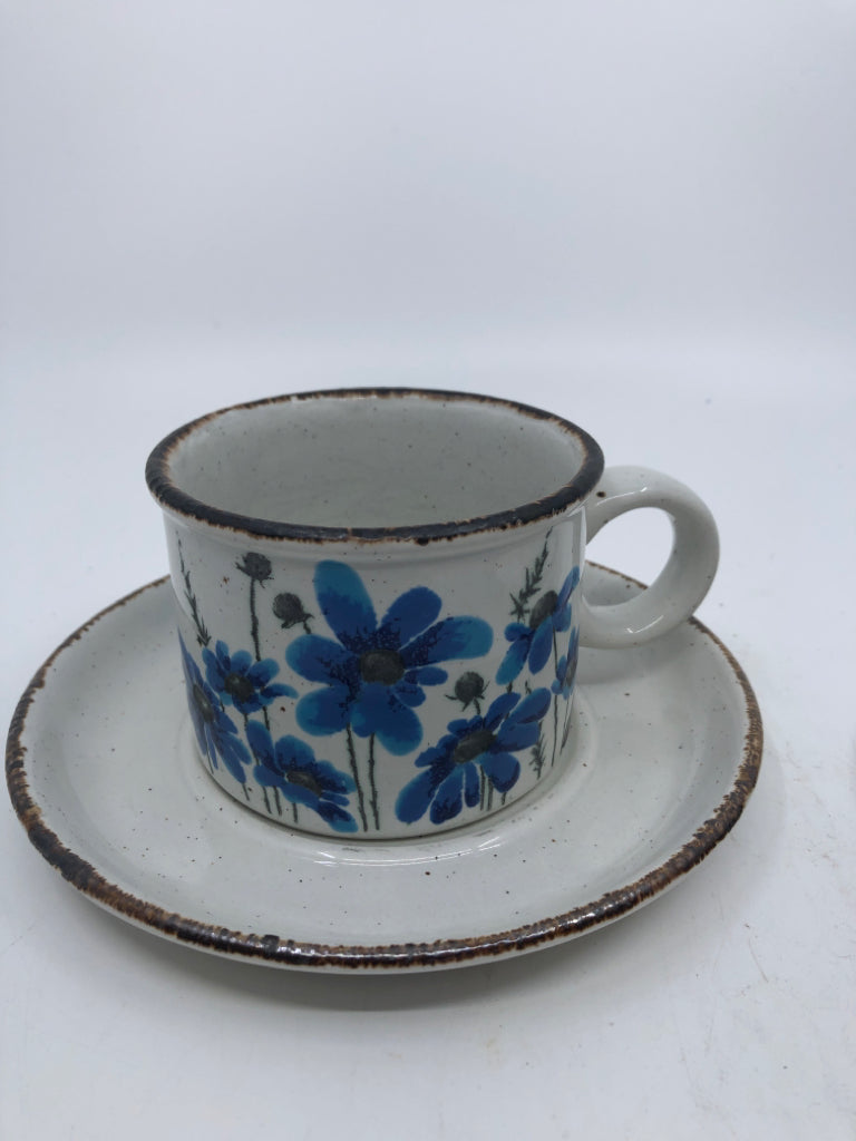 2 VTG BLUE FLORAL MUGS + SAUCERS.