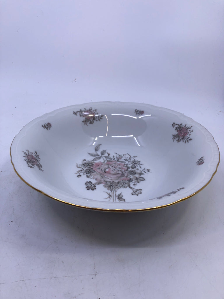 PINK FLOWER PAINTED, GOLD RIM BOWL.