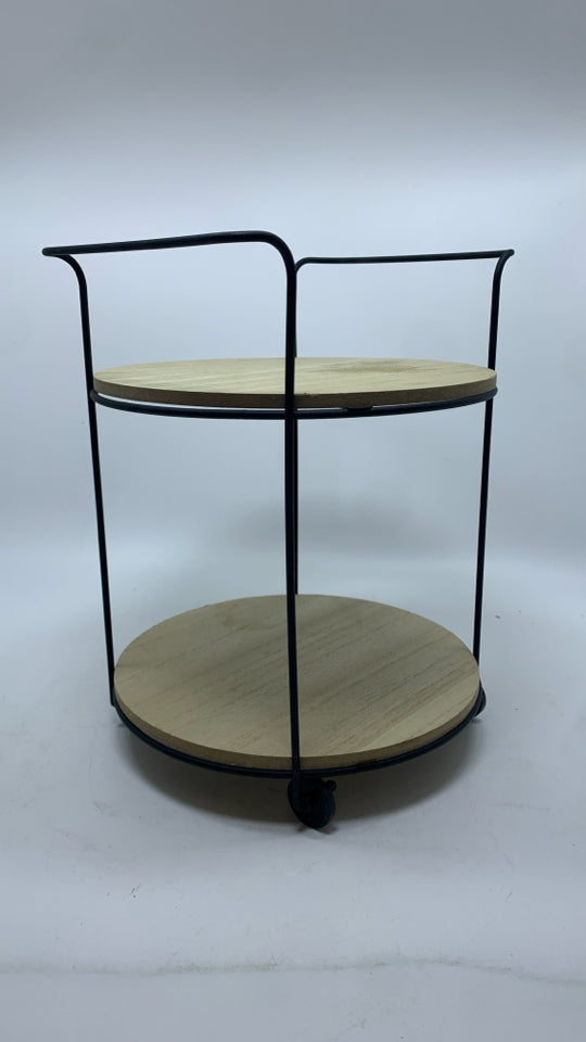 2 TIER ROUND WOOD TRAY W/WHEELS.