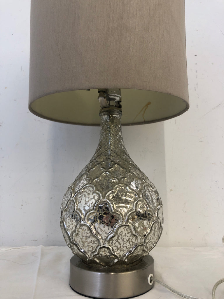 SILVER MERCURY BASE LAMP W TAN SHADE.