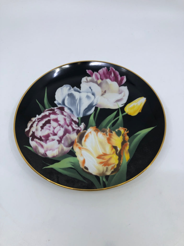 DANBURY MINT "TULIPS" DECORATIVE PLATE W/FLOWERS+GOLD RIM.