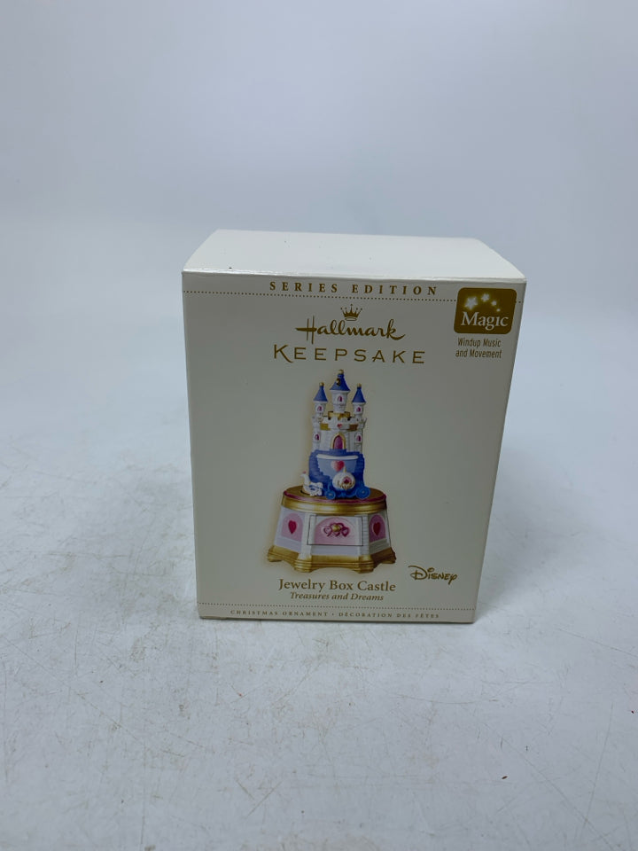 IN BOX DISNEY JEWELRY CASTLE WINDUP MUSIC/MOVEMENT HALLMARK ORNAMENT.