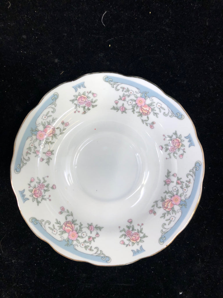 PALE BLUE W PINK FLORAL TEACUP AND SAUCER.