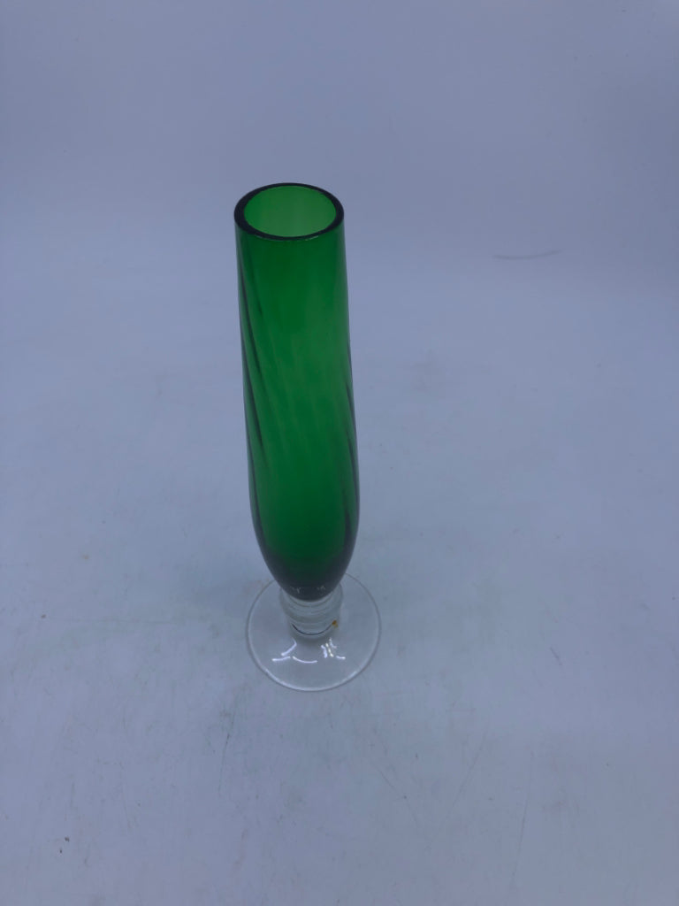 GREEN GLASS VASE CLEAR FOOTED BASE.