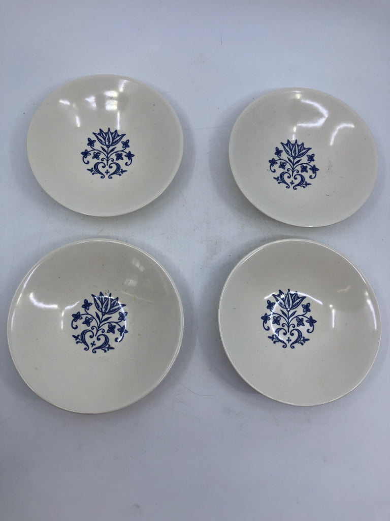 4 VTG SMALL WHITE BOWLS W BLUE FLORAL DETAIL.