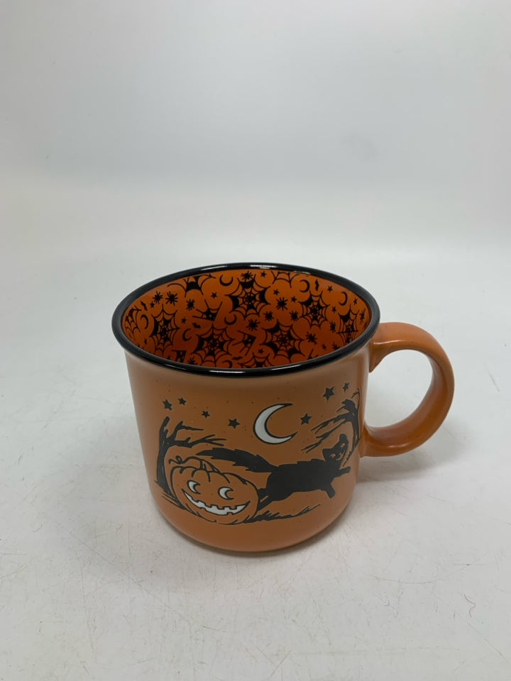 ORANGE JACK O LANTERN AND BLACK CAT LARGE MUG.
