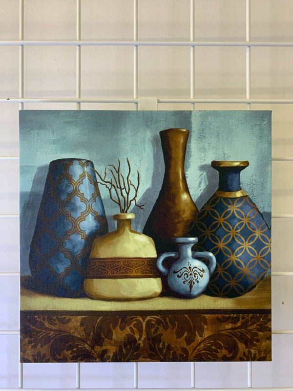 BROWN AND BLUE CANVAS WITH VASES.