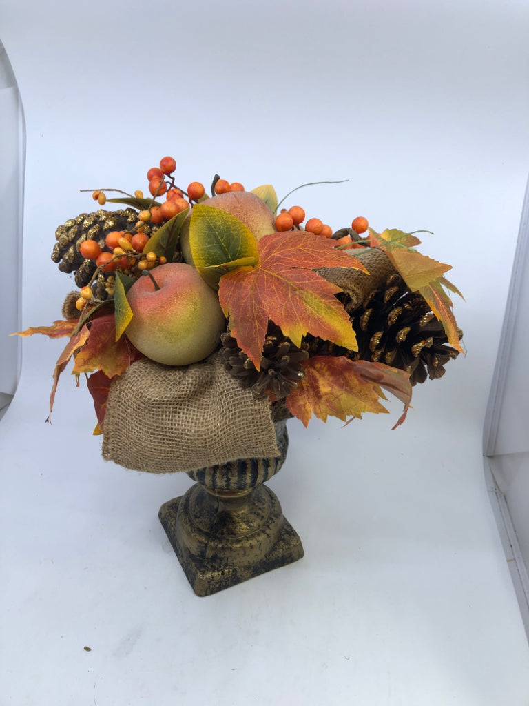 FALL FRUIT & LEAVES IN GOLDEN URN.