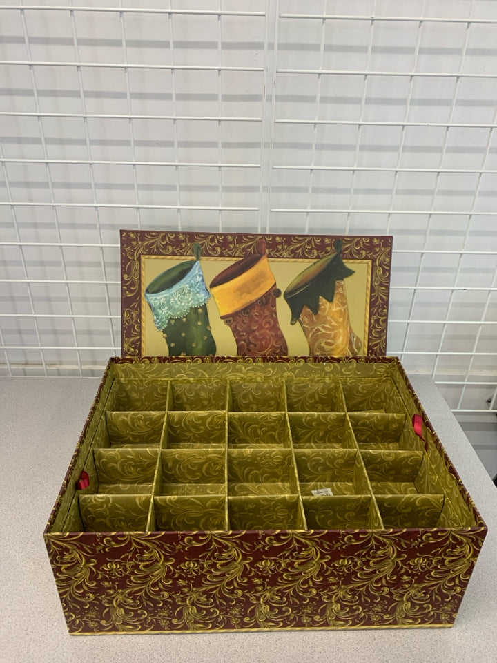 STOCKING PRINT CARDBOARD ORNAMENT STORAGE BOX.