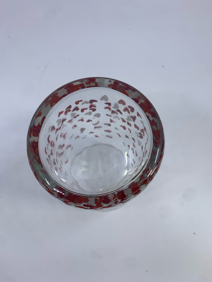 GLASS VASE W/ PRINTED HEARTS.