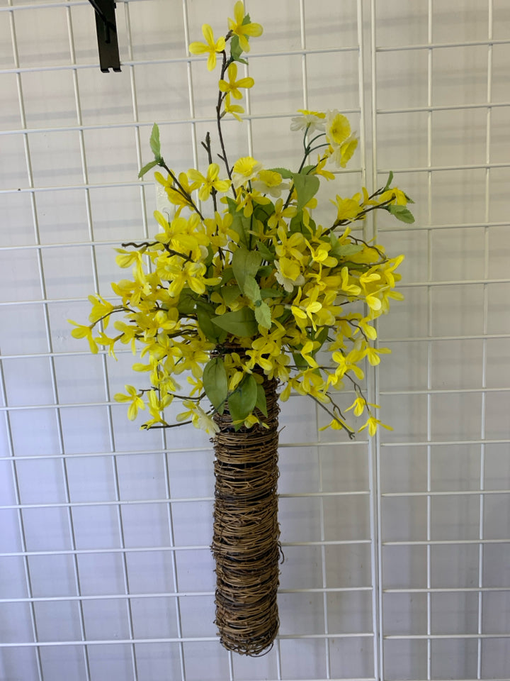 TWINGE WRAPPED VASE W FAUX YELLOW FLORAL WALL HANGING.