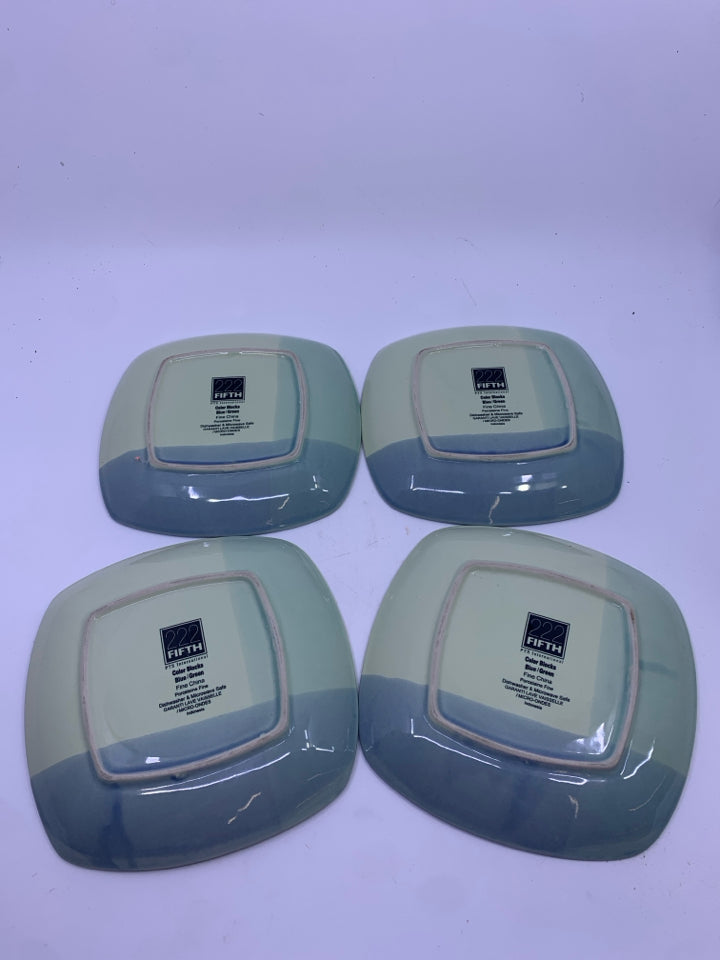 4 BLUE GREEN ROUND EDGE SQUARE DESSERT PLATES.