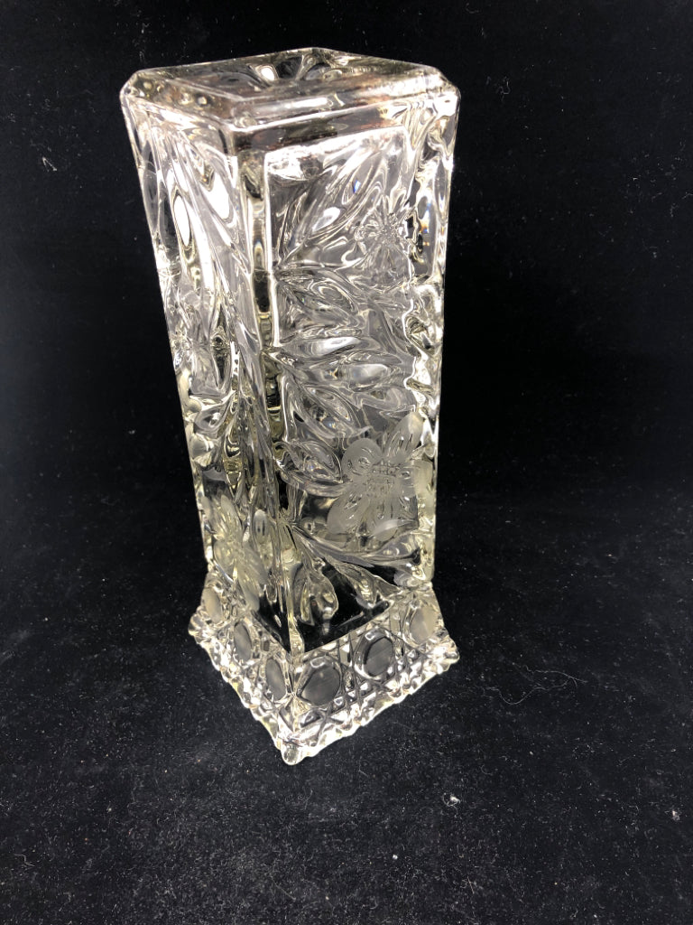 CUT GLASS HEAVY VASE EMBOSSED FLORAL FLARED TOP.