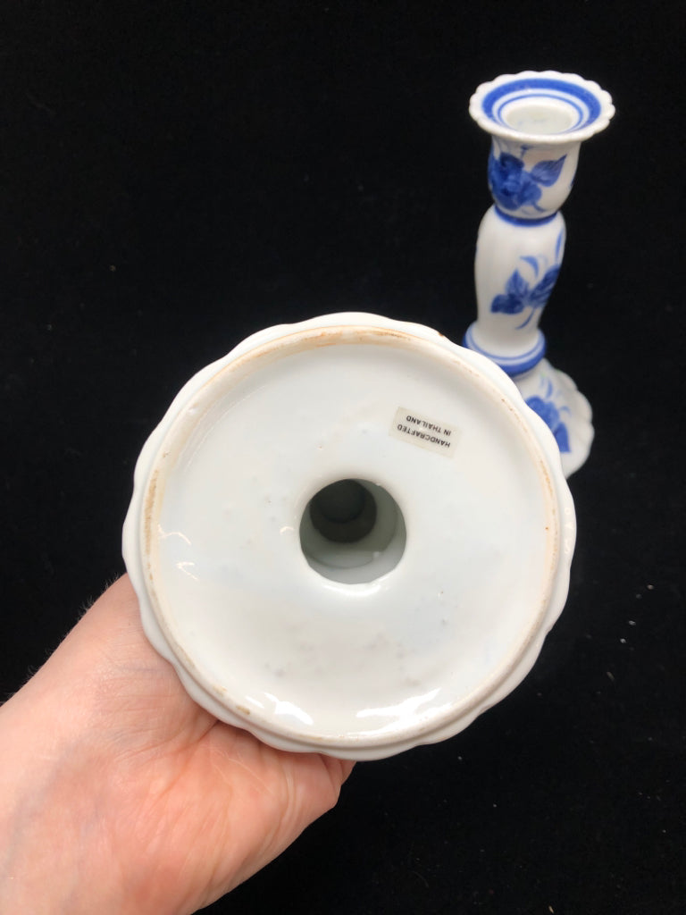 2 BLUE FLORAL CANDLESTICK HOLDERS - MADE IN THAILAND.