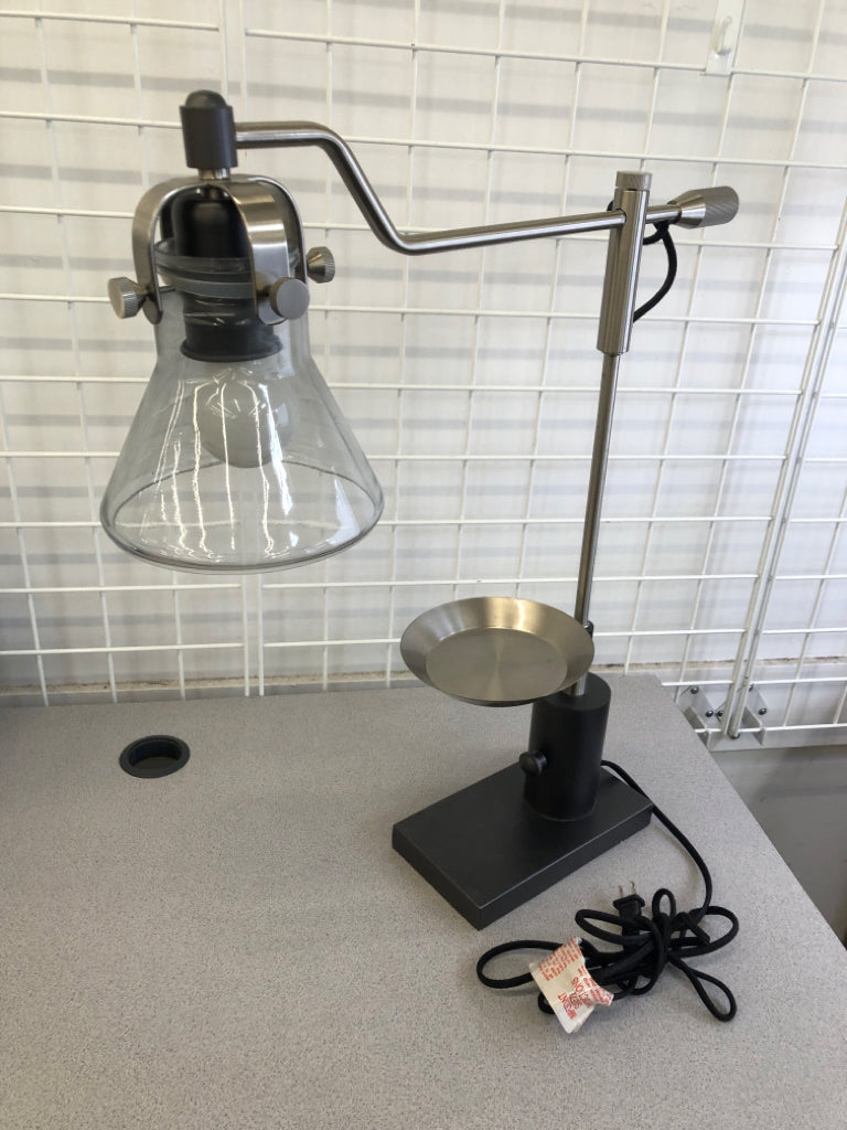 GREY LAMP W/SILVER TRINKET DISH&CLEAR SHADE.