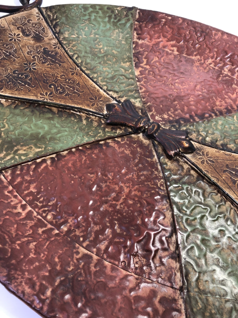 GREEN/RED HAMMERED COPPER TRAY W/HANDLES.