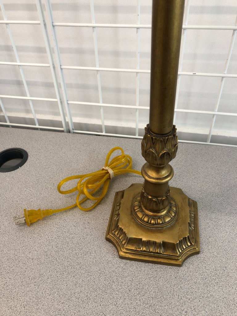 TALL BRASS-PAINTED LAMP W/CREAM SHADE.
