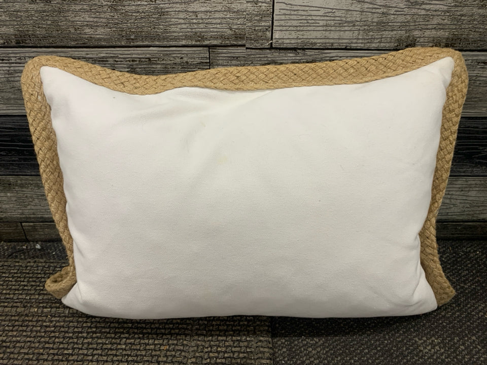 BIRDS ON BRANCH FABRIC PILLOW WITH BURLAP RIM.