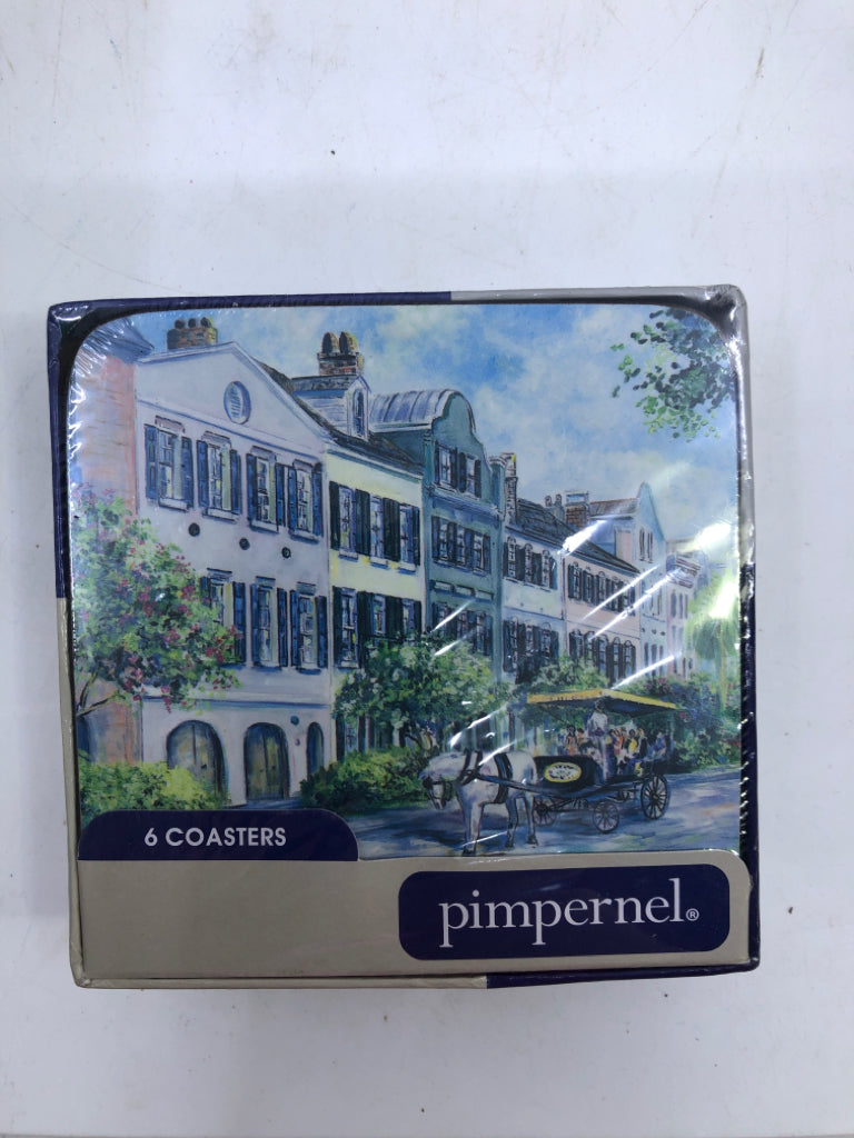 NIB 6 RAINBOW ROW SQUARE COASTERS.