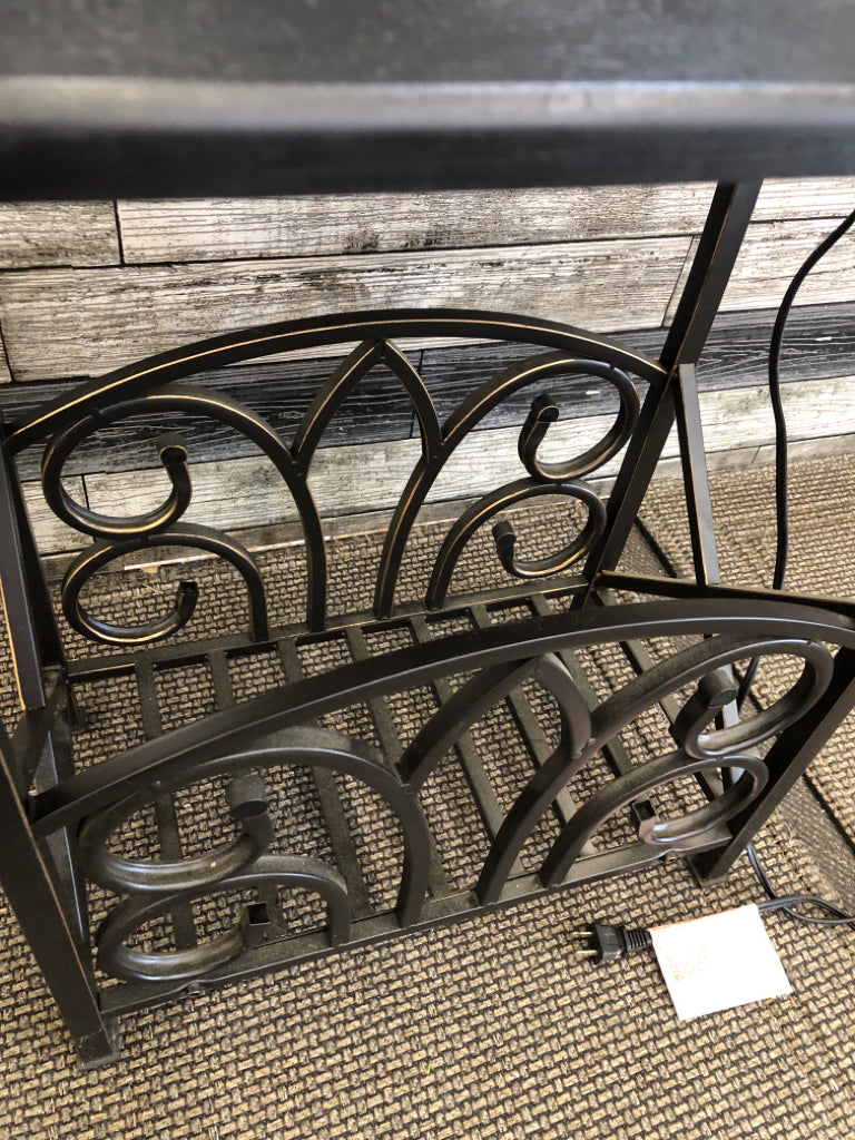 BLACK RECTANGLE SIDE TABLE W BOTTOM STORAGE AND ATTACHED LAMP.