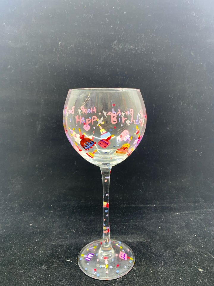 HAPPY BIRTHDAY PAINTED WINE GLASS.