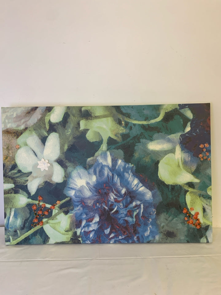 BLUE FLORAL CANVAS WALL HANGING.