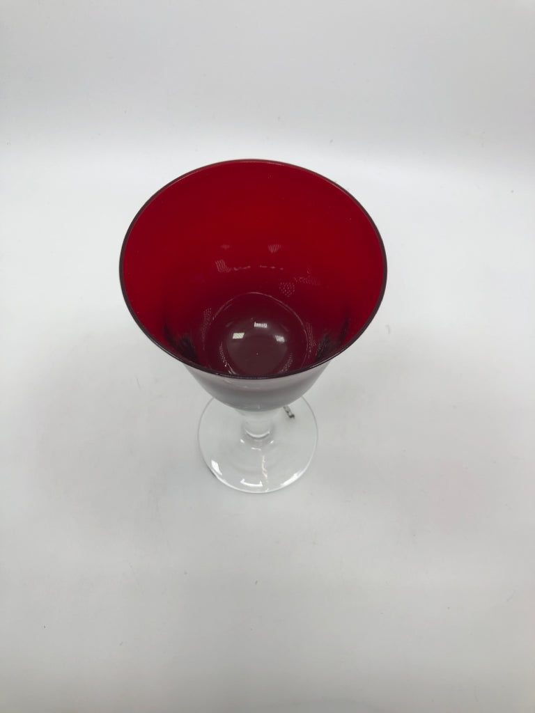 5 RED WINE GOBLETS W/CLEAR STEMS.