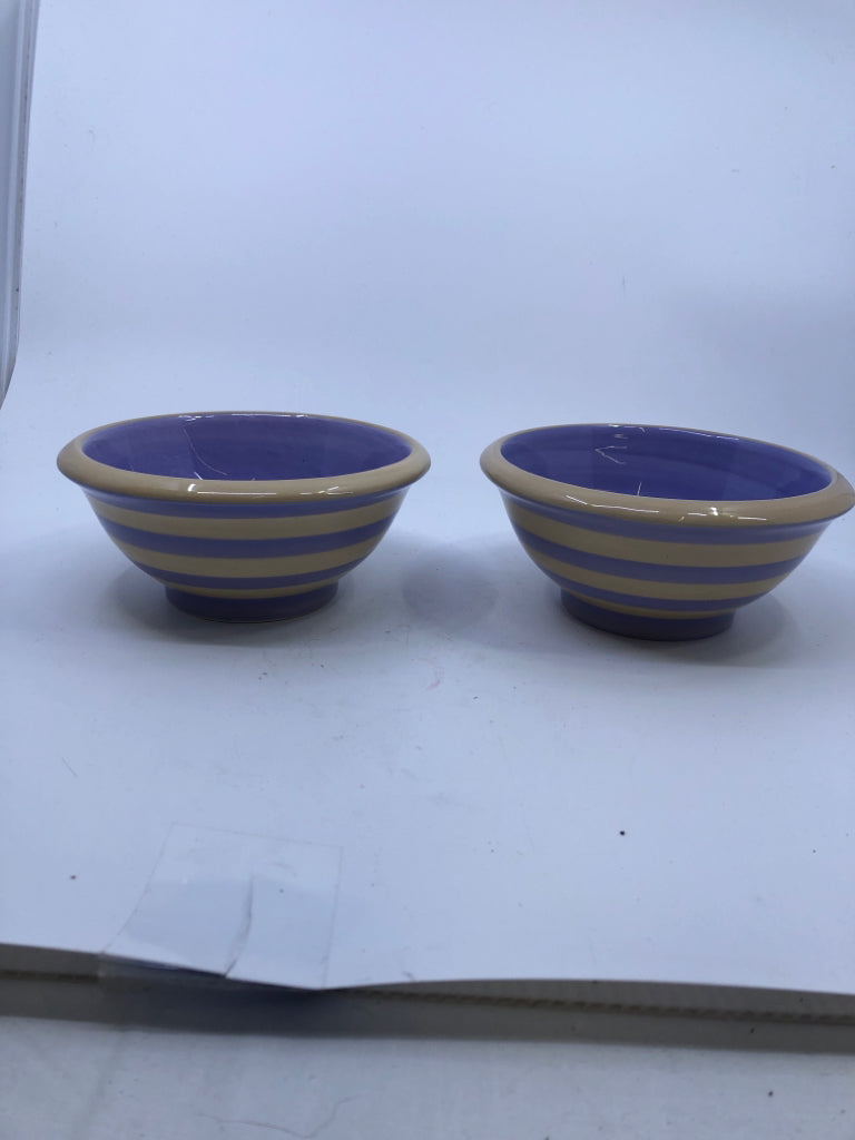 2 CREAM/PURPLE STRIPED BOWLS.